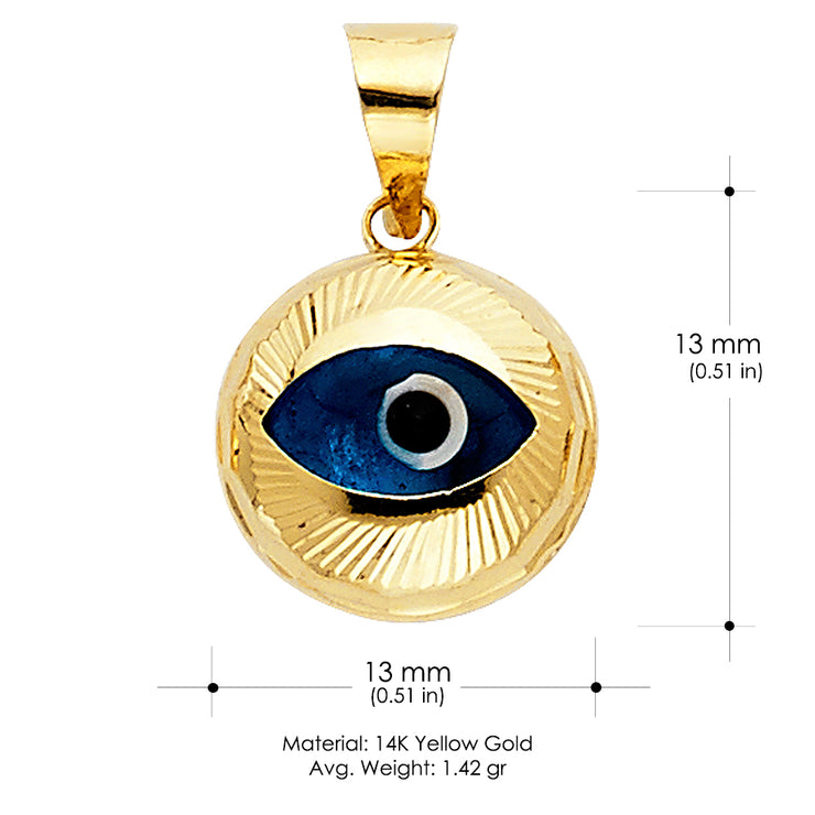 14K Gold Evil Eye Fluted Round Charm Pendant with 1.5mm Flat Open Wheat Chain Necklace