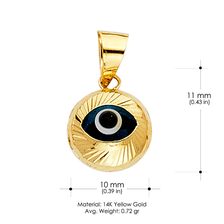 14K Gold Evil Eye Fluted Round Charm Pendant with 1.2mm Singapore Chain Necklace