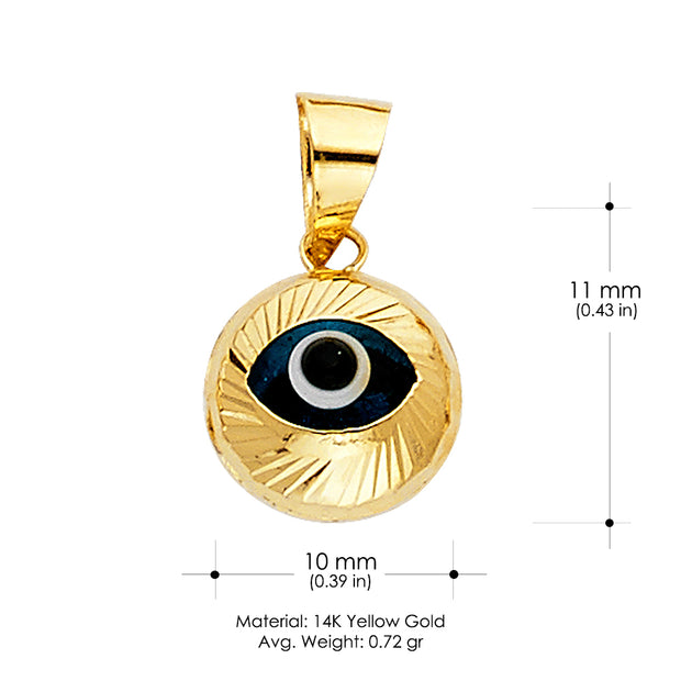 14K Gold Evil Eye Fluted Round Charm Pendant with 0.8mm Box Chain Necklace