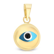 14K Gold Evil Eye Round Charm Pendant with 1.5mm Flat Open Wheat Chain Necklace