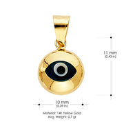 14K Gold Evil Eye Round Charm Pendant with 1.2mm Singapore Chain Necklace