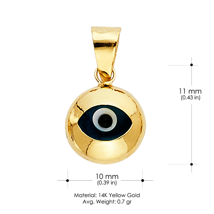 14K Gold Evil Eye Round Charm Pendant with 1.5mm Flat Open Wheat Chain Necklace