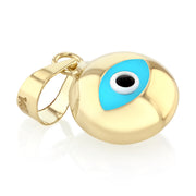 14K Gold Evil Eye Round Charm Pendant with 0.8mm Box Chain Necklace
