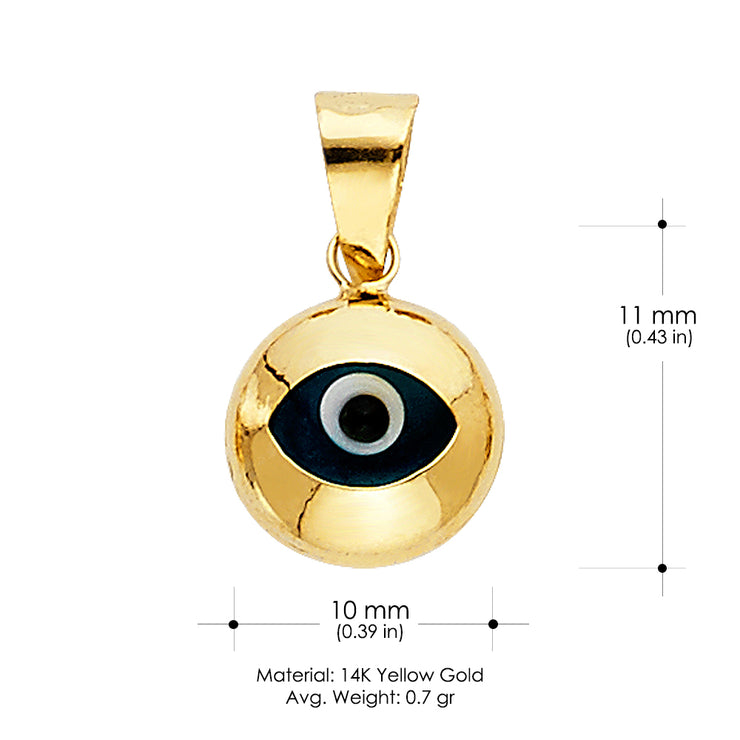 14K Gold Evil Eye Round Charm Pendant with 0.8mm Box Chain Necklace