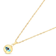 14K Gold Evil Eye Round Charm Pendant with 1.2mm Singapore Chain Necklace