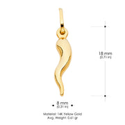 14K Gold Italian Horn Charm Pendant with 1.5mm Flat Open Wheat Chain Necklace