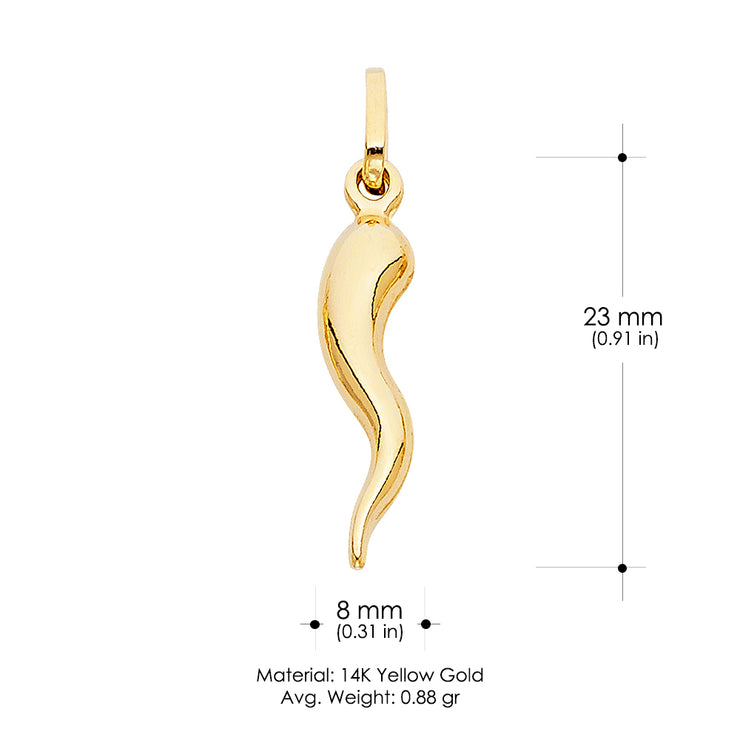 14K Gold Italian Horn Charm Pendant with 2mm Figaro 3+1 Chain Necklace