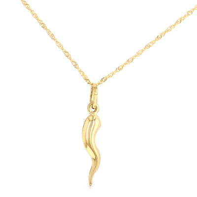 14K Gold Italian Horn Charm Pendant with 1.2mm Singapore Chain Necklace