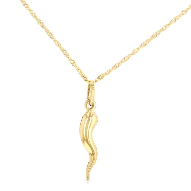 14K Gold Italian Horn Charm Pendant with 1.2mm Singapore Chain Necklace
