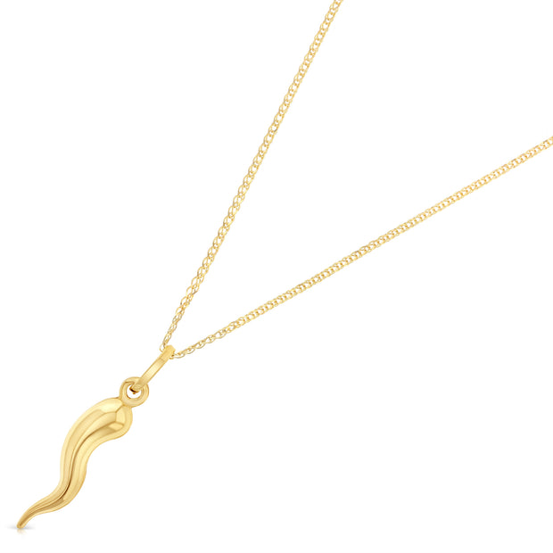 14K Gold Italian Horn Charm Pendant with 1.2mm Flat Open Wheat Chain Necklace