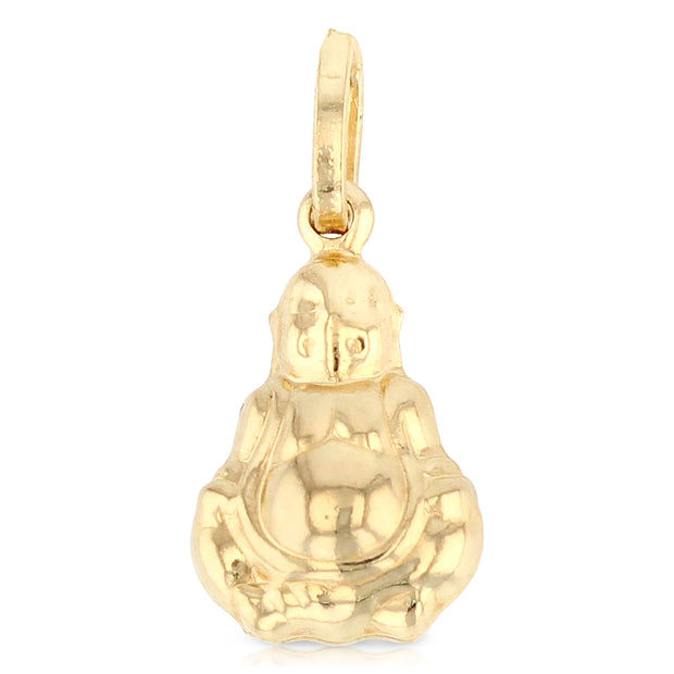 14K Gold Plain Buddha Charm Pendant with 1.1mm Wheat Chain Necklace