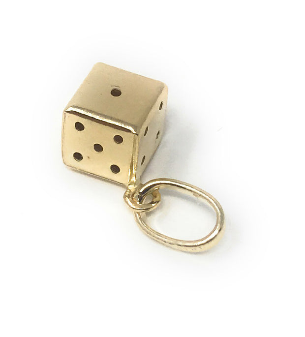 14K Gold Dice Charm Pendant with 0.6mm Box Chain Necklace