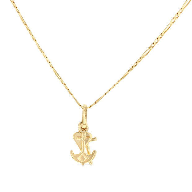 14K Gold Faith, Hope, and Charity Lucky Charm Pendant with 2mm Figaro 3+1 Chain Necklace