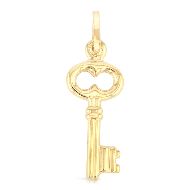 14K Gold Plain Key Charm Pendant with 1.1mm Wheat Chain Necklace