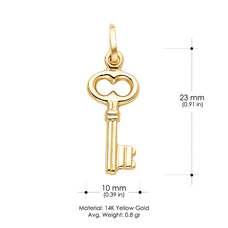 14K Gold Plain Key Charm Pendant with 2mm Figaro 3+1 Chain Necklace