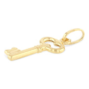 14K Gold Plain Key Charm Pendant with 1.5mm Flat Open Wheat Chain Necklace