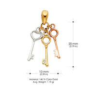14K Gold Key to My 3 Triple Variety Key Charm Pendant