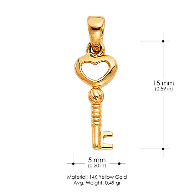 14K Gold Heart Key Charm Pendant with 0.9mm Wheat Chain Necklace