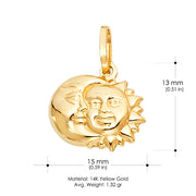 14K Gold Sun & Moon  Charm Pendant with 1.2mm Flat Open Wheat Chain Necklace