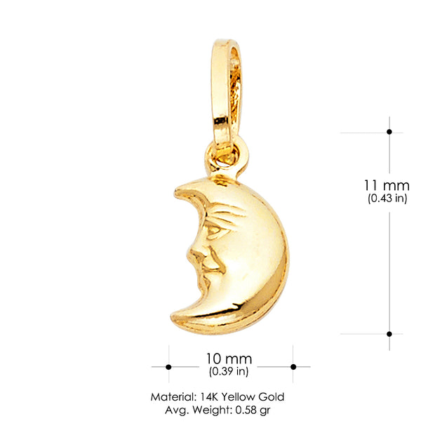 14K Gold Moon Face Charm Pendant with 1.2mm Flat Open Wheat Chain Necklace