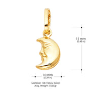 14K Gold Half Moon Face Charm Pendant with 0.9mm Wheat Chain Necklace