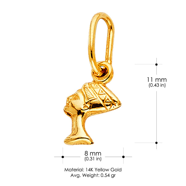 14K Gold Egyptian Queen Pharoah Nefertiti Charm Pendant with 1.2mm Flat Open Wheat Chain Necklace