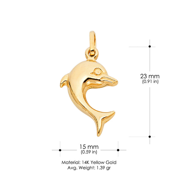14K Gold Jumping Dolphin Prosperity Charm Pendant with 1.1mm Wheat Chain Necklace