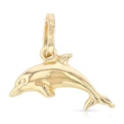 14K Gold Jumping Dolphin Prosperity Charm Pendant with 0.9mm Wheat Chain Necklace