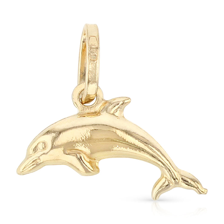 14K Gold Jumping Dolphin Prosperity Charm Pendant with 0.9mm Wheat Chain Necklace