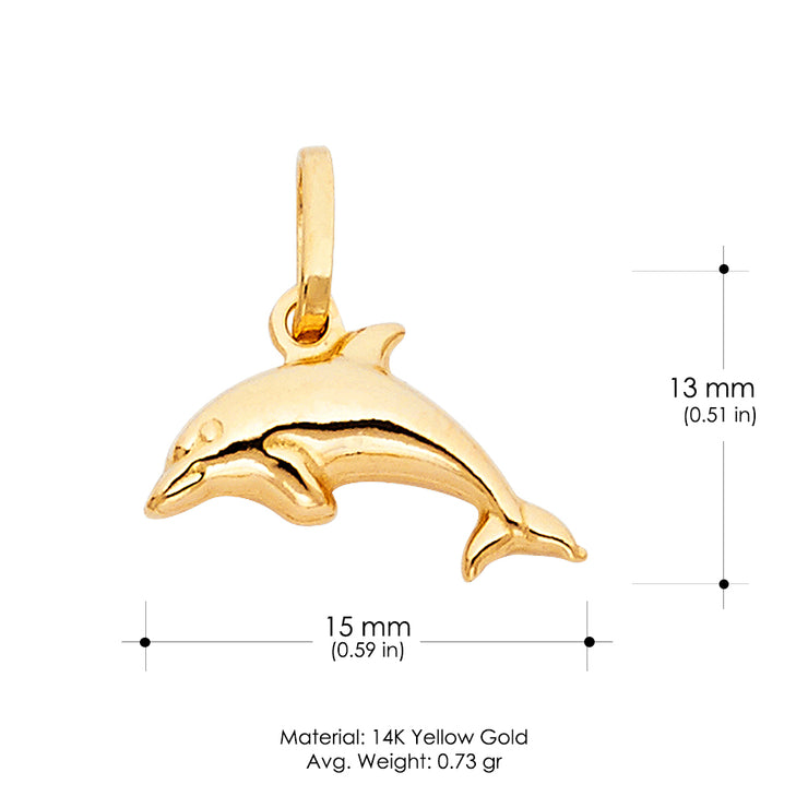 14K Gold Jumping Dolphin Prosperity Charm Pendant with 0.9mm Wheat Chain Necklace