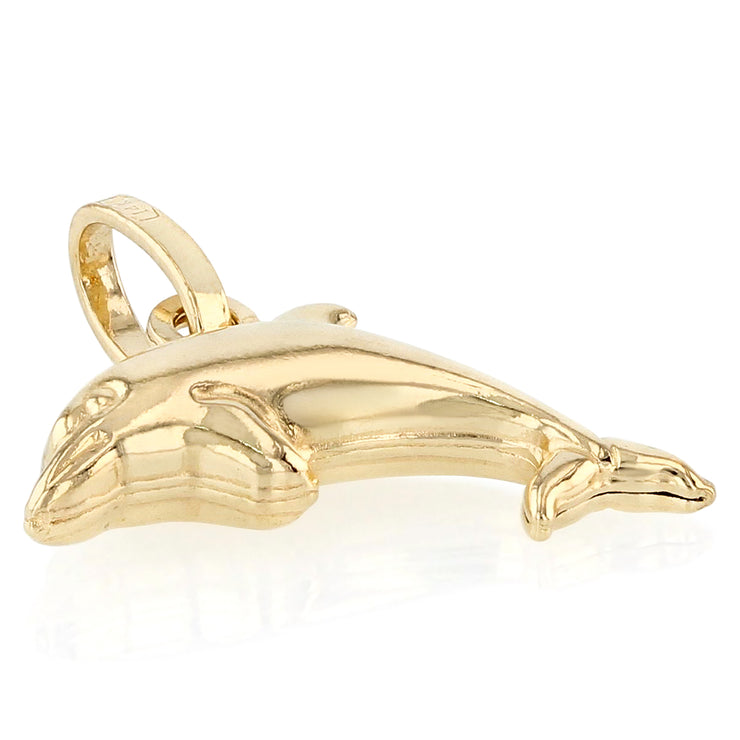 14K Gold Jumping Dolphin Prosperity Charm Pendant with 0.9mm Wheat Chain Necklace