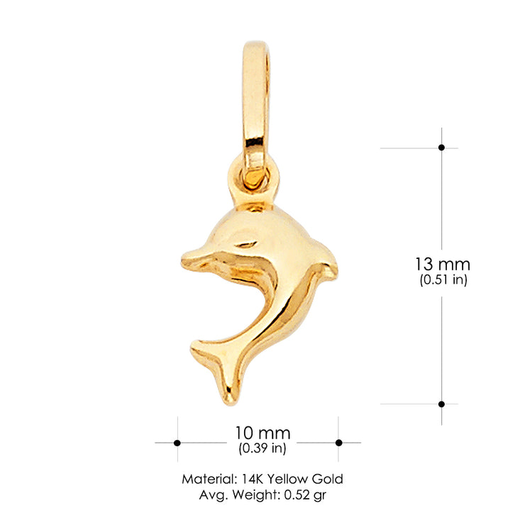 14K Gold Jumping Dolphin Prosperity Charm Pendant with 0.9mm Wheat Chain Necklace