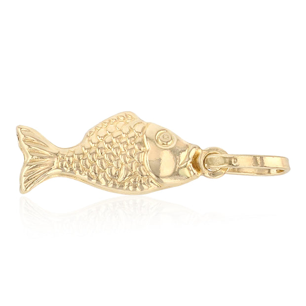 14K Gold Fish Charm Pendant with 1.2mm Flat Open Wheat Chain Necklace