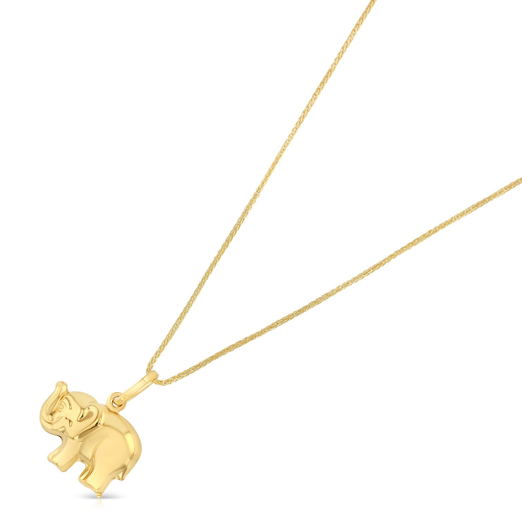 14K Gold Elephant Strength & Luck Charm Pendant with 0.9mm Wheat Chain Necklace