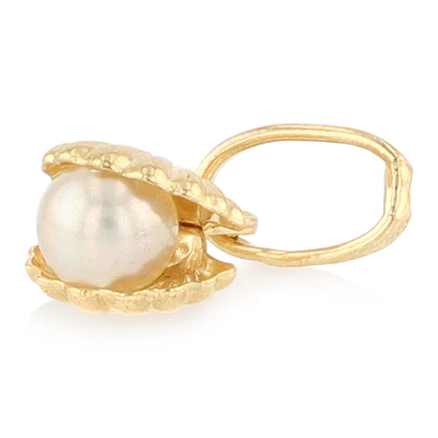 14K Gold Clam Shell with Pearl Charm Pendant with 0.9mm Singapore Chain Necklace