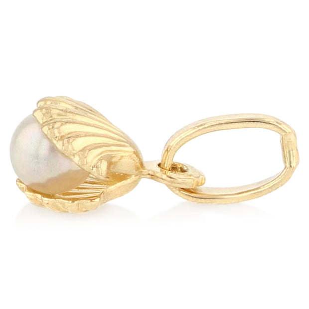 14K Gold Clam Shell with Pearl Charm Pendant with 0.9mm Singapore Chain Necklace