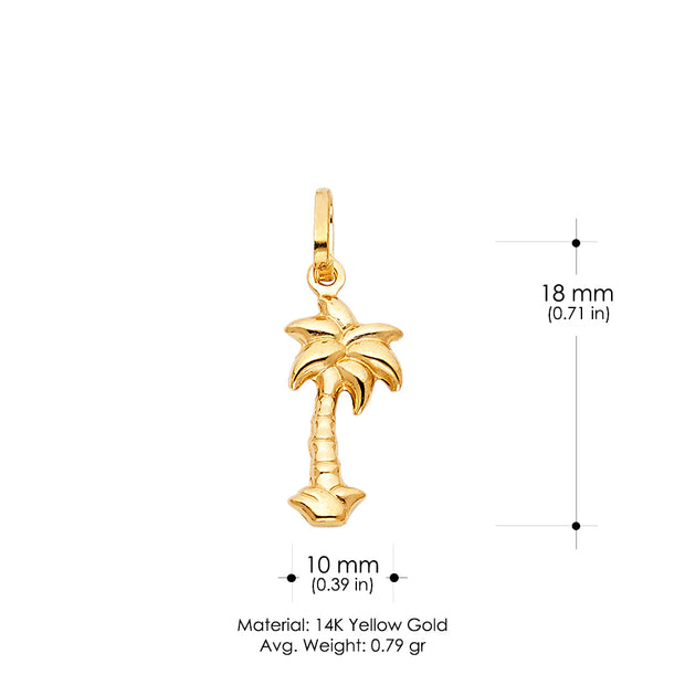 14K Gold Palm Tree Charm Pendant with 1.2mm Flat Open Wheat Chain Necklace