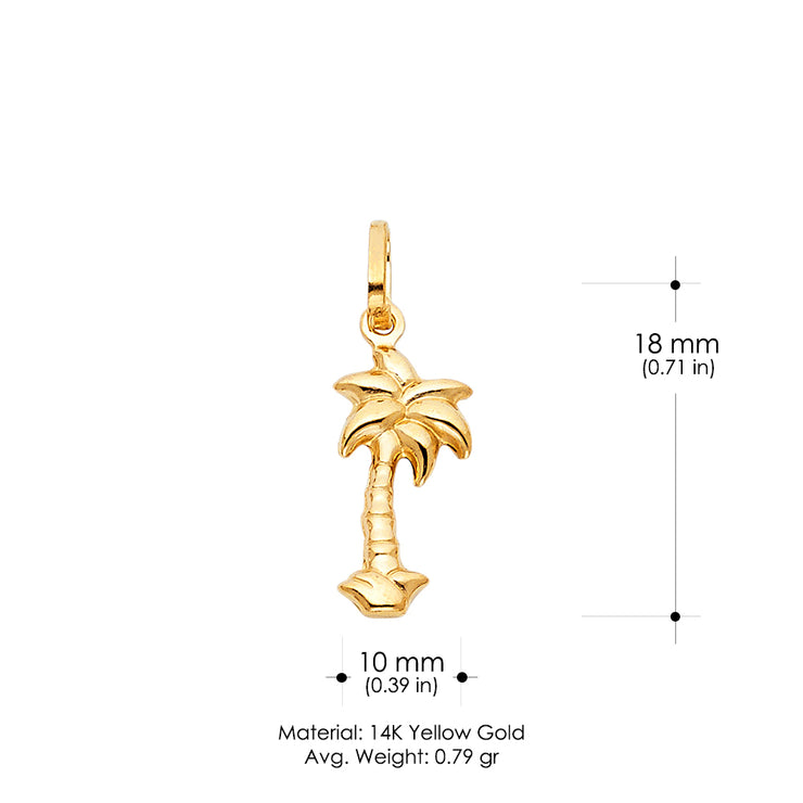 14K Gold Palm Tree Charm Pendant with 1.2mm Flat Open Wheat Chain Necklace