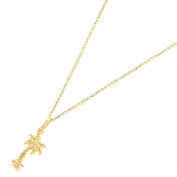 14K Gold Palm Tree Charm Pendant with 1.2mm Flat Open Wheat Chain Necklace