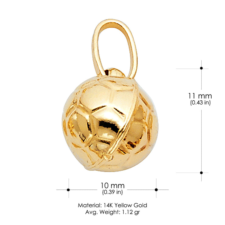 14K Gold Plain Soccer Ball Charm Pendant with 1.5mm Flat Open Wheat Chain Necklace