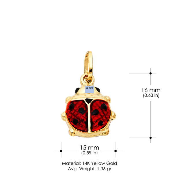 14K Gold Lady Bug Enamel Lucky Charm Pendant with 1.5mm Flat Open Wheat Chain Necklace