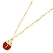 14K Gold Lady Bug Enamel Lucky Charm Pendant with 2mm Figaro 3+1 Chain Necklace