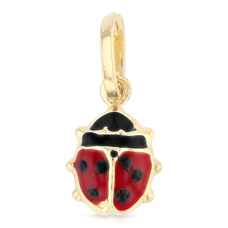 14K Gold Lady Bug Colored Enamel Lucky Charm Pendant with 0.9mm Wheat Chain Necklace