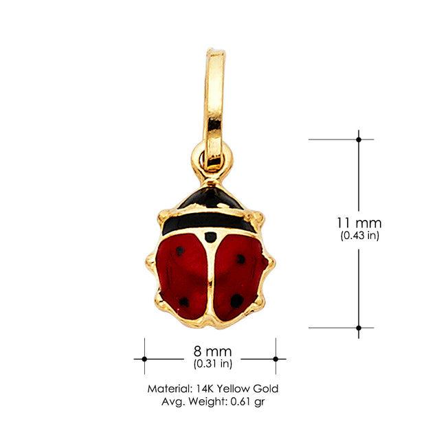 14K Gold Lady Bug Enamel Lucky Charm Pendant with 1.2mm Flat Open Wheat Chain Necklace