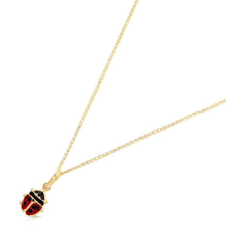 14K Gold Lady Bug Enamel Lucky Charm Pendant with 1.2mm Flat Open Wheat Chain Necklace