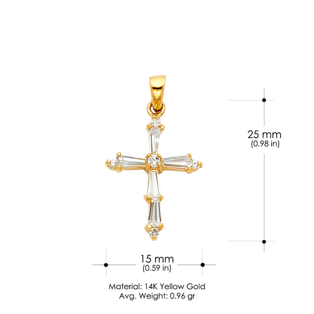 14K Gold Cross Tapered Baguette CZ  Charm Pendant with 2mm Figaro 3+1 Chain Necklace