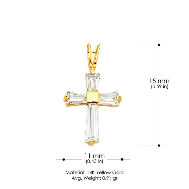 14K White Gold Fancy Cross Tapered Baguette CZ  Charm Pendant with 2mm Figaro 3+1 Chain Necklace