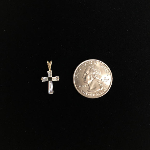 14K White Gold Fancy Cross Tapered Baguette CZ  Charm Pendant with 2mm Figaro 3+1 Chain Necklace