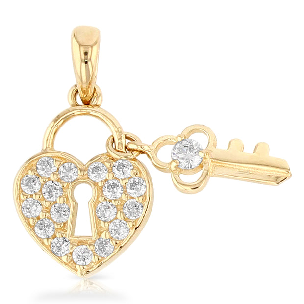 14K Gold Heart Lock & Key Studded CZ Charm Pendant with 1.2mm Flat Open Wheat Chain Necklace