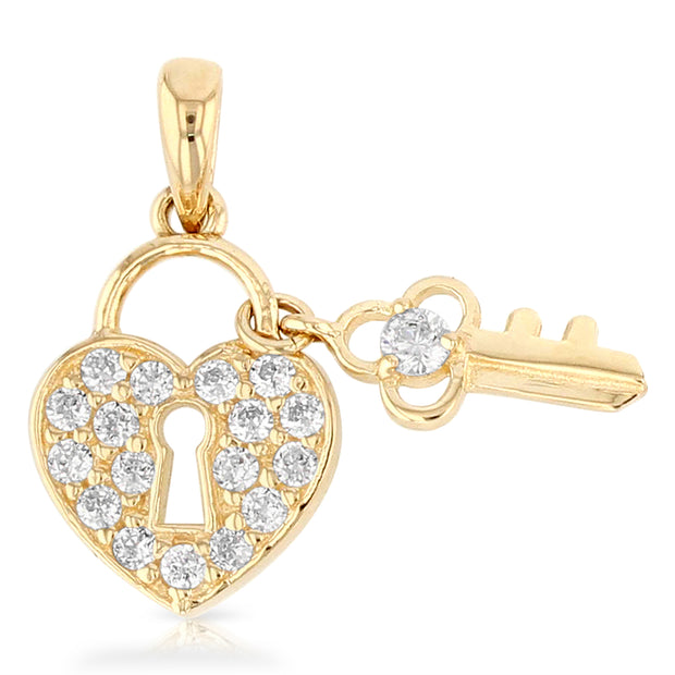 14K Gold Heart Lock & Key Studded CZ Charm Pendant with 0.9mm Singapore Chain Necklace